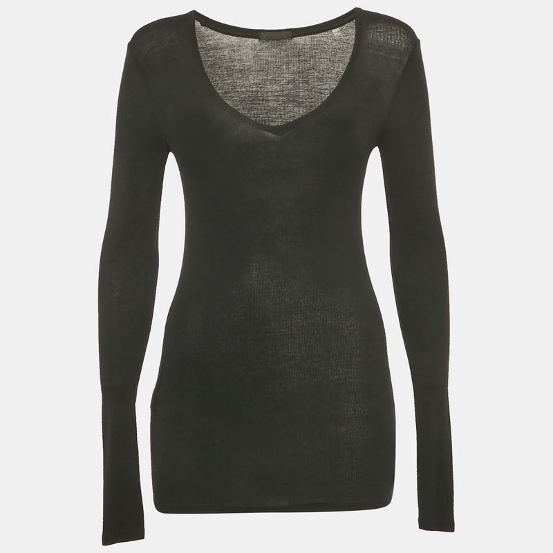 Atm Black Rib Knit V-Neck Top Xs